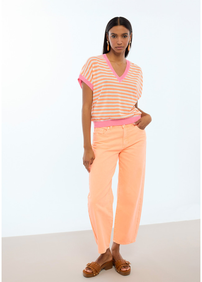 Short Sleeve Bicolor Striped Sweater