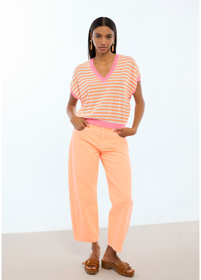 Short Sleeve Bicolor Striped Sweater