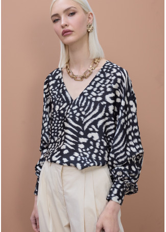 Blouse imprimée à manches bouffantes et décolleté en V
