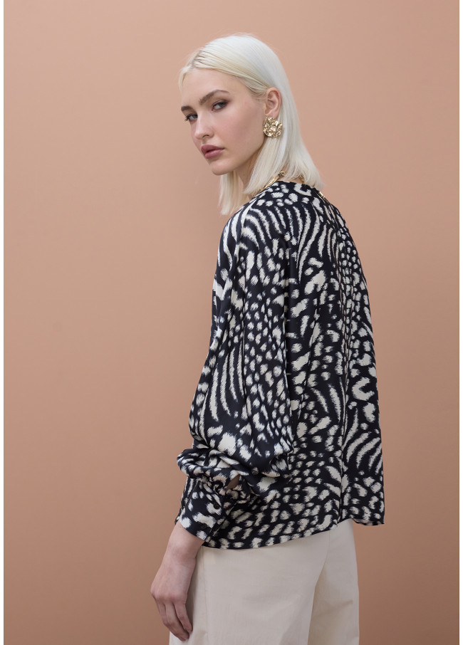 Bedruckte Bluse mit Puffärmeln und V-Ausschnitt