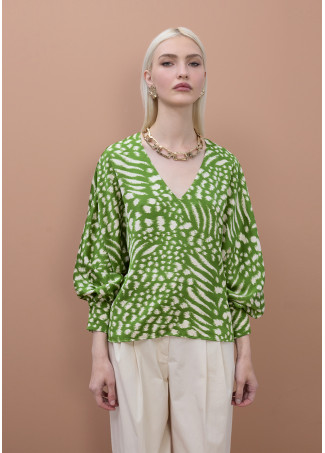 Blusa Estampada com Mangas Bufantes e Decote V