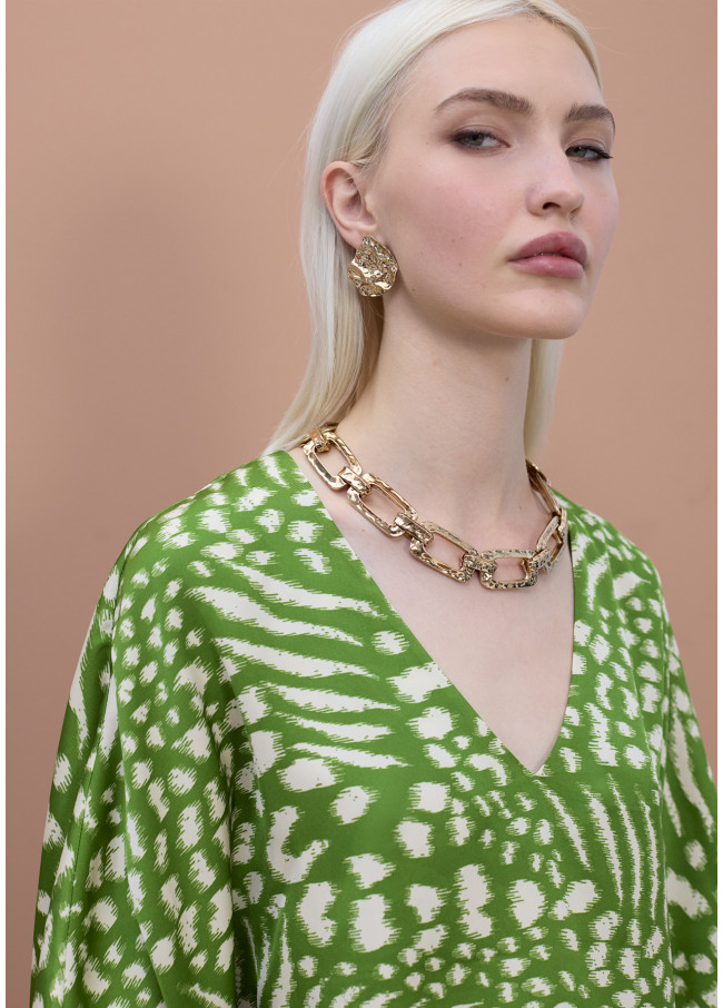 Printed Blouse with Puff Sleeves and V-Neck