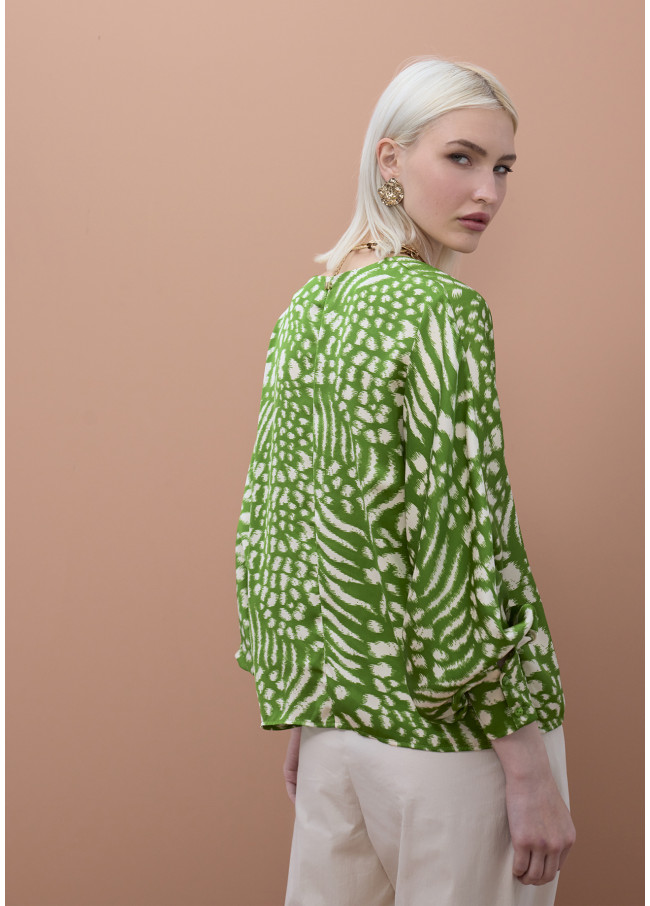 Blouse Imprimée à Manches Bouffantes et Col V