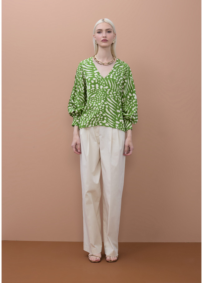 Blouse Imprimée à Manches Bouffantes et Col V
