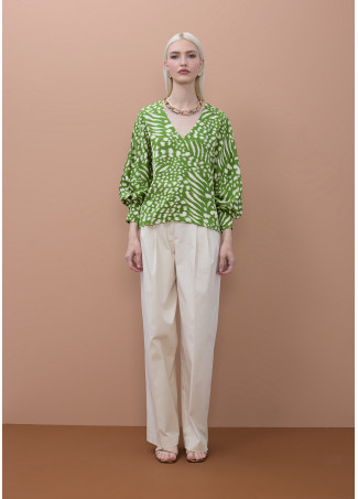 Blusa Stampata con Maniche a Sbuffo e Scollo a V