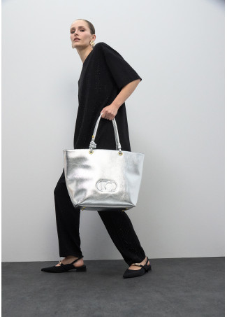 Destrukturierter Goldener Shopper mit Geprägtem Ovalem Logo