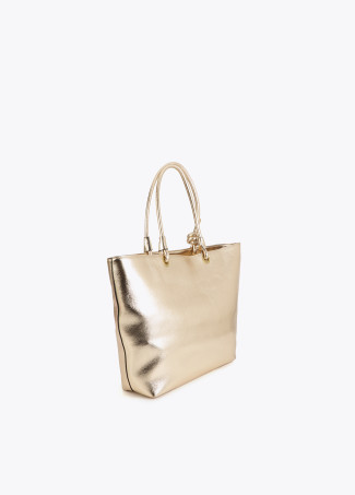 Shopper Dorato Strutturato con Logo Ovale in Rilievo