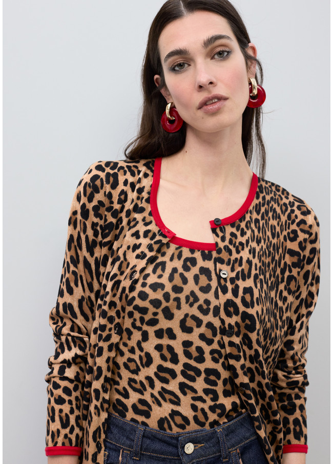 Cardigan with Red Contrast Rib