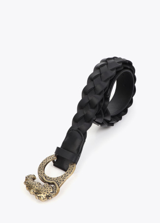 Reversible Braided Faux Leather Belt with Animal Logo Buckle