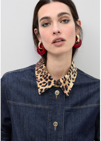 Short Denim Jacket with Leopard Collar and Flap Details