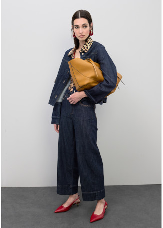 Short Denim Jacket with Leopard Collar and Flap Details