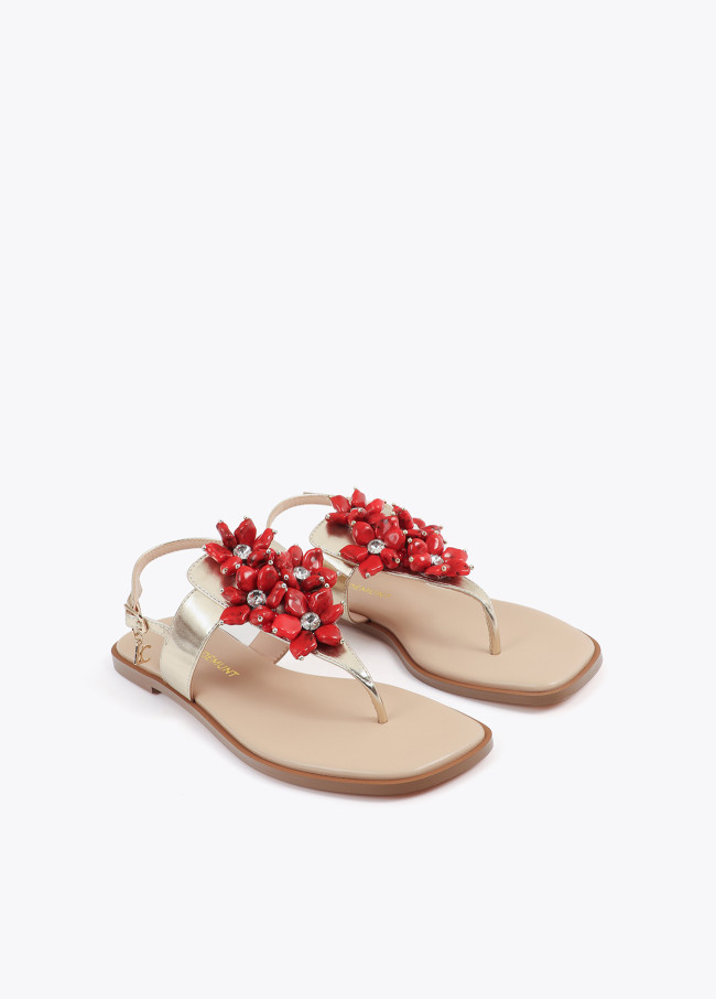 Metallic Flat Sandal with Flower Detail