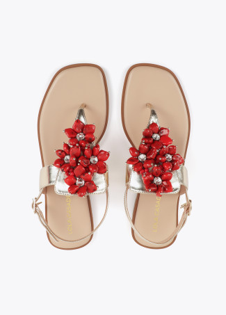 Metallic Flat Sandal with Flower Detail