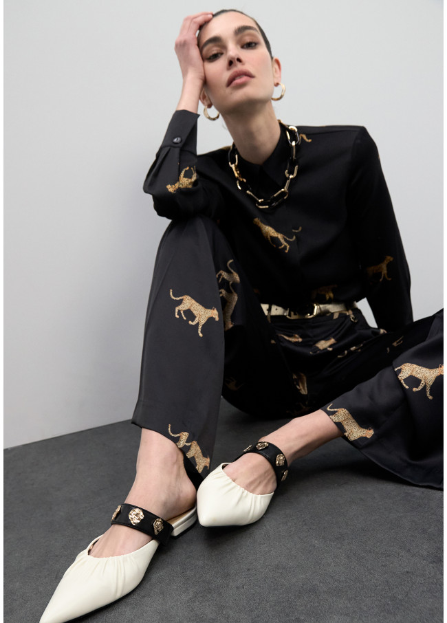 Flat Shoe with Elastic and Metallic Appliques