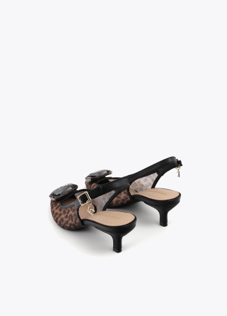 Scarpa con tacco in rete stampata animalier con dettagli in cristallo