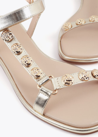 Flat Sandal with Metallic Straps and Golden Appliqués