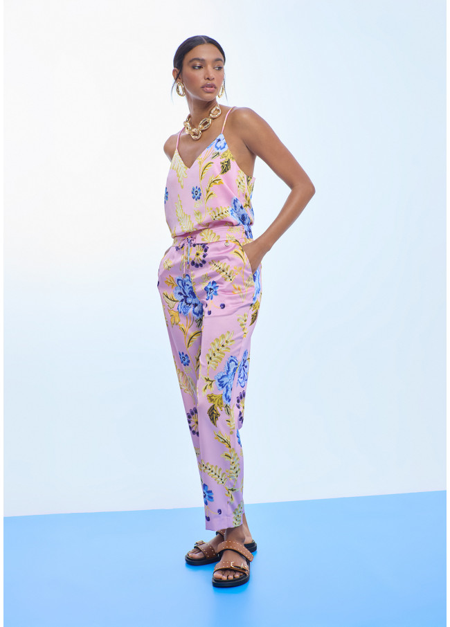 Jogger in Satin Stampato a Fiori