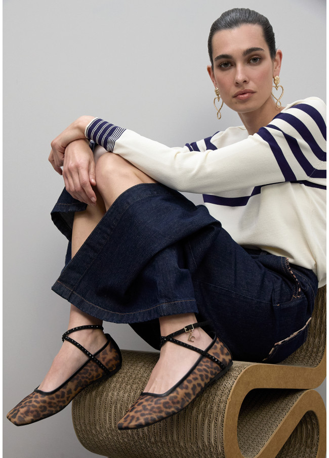 Flat Ballerina Shoe in Mesh Animal Print with...