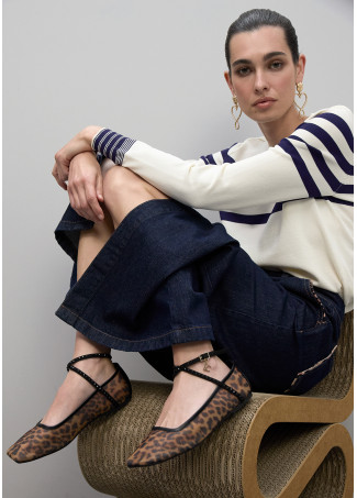 Scarpa Ballerina Piatta in Rete Animal Print con Cinturino Brillante