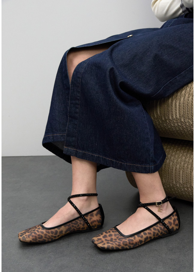 Flat Ballerina Shoe in Mesh Animal Print with...