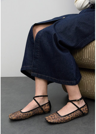 Scarpa Ballerina Piatta in Rete Animal Print con Cinturino Brillante