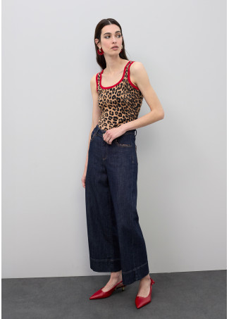 Culotte in denim con dettaglio leopardo sui taschini