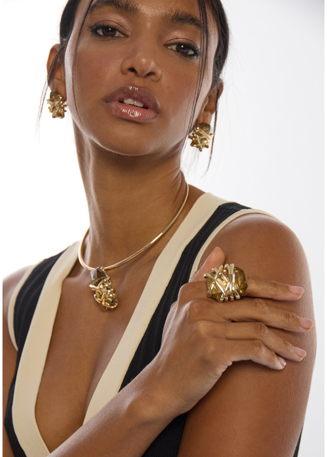 Bague Maxi Cristal avec Détail Métal