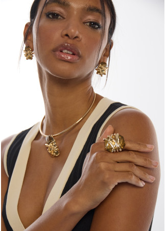 Bague Maxi Cristal avec Détail Métal