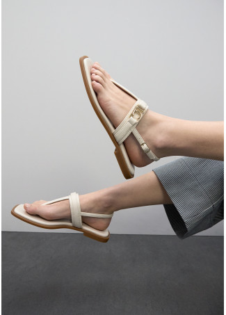 Flat Sandal with Toe Strap and Logo Buckle