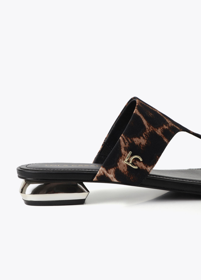 Flat Sandal with Animal Print and Metallic Toe...