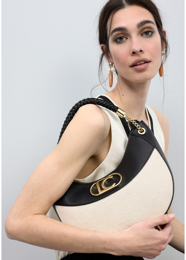 Bicolor Canvas and Faux Leather Hobo Bag