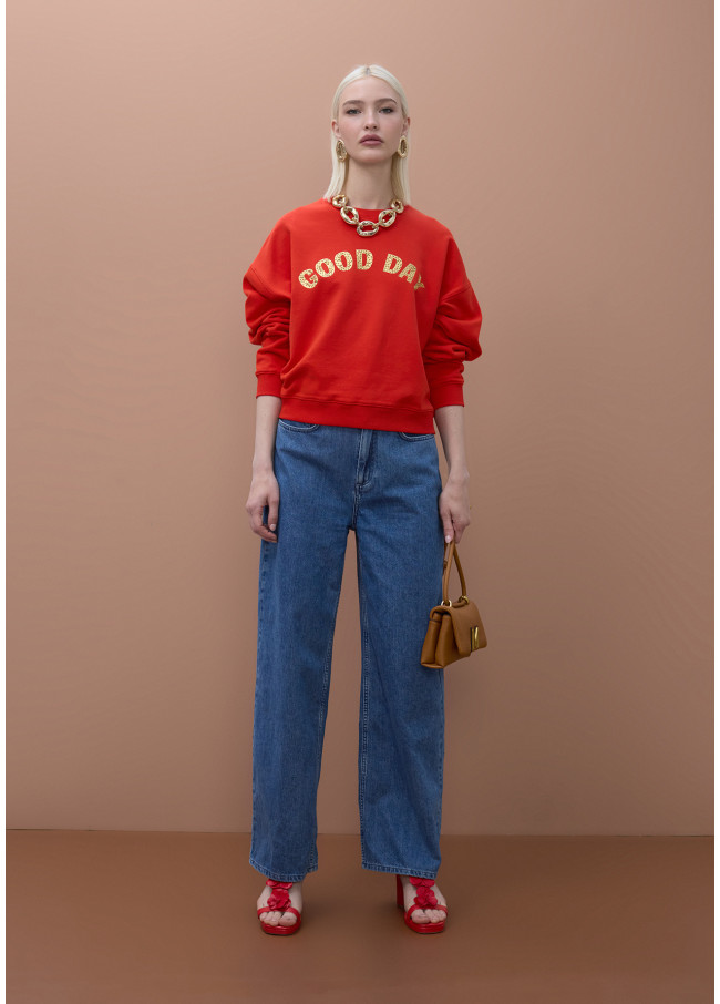 Crew Neck Fleece Sweatshirt with 'Good Day' Text