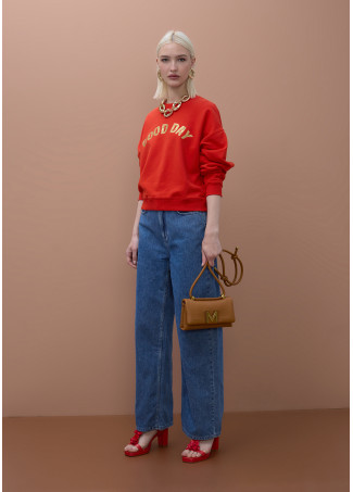 Felpa Girocollo in Pile con Testo 'Good Day'