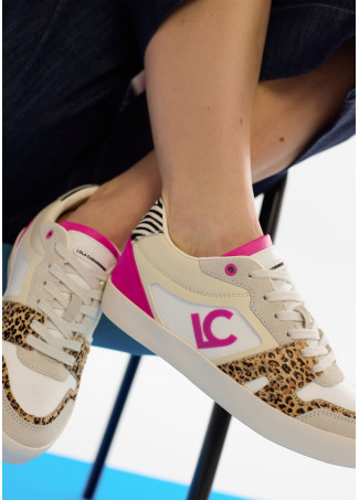 Sneakers with Internal Wedge in Combined Fabrics and Leather Details