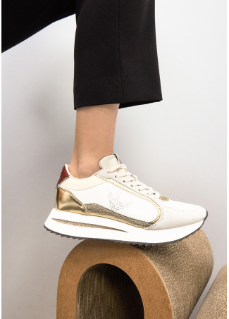 Sneaker con piattaforma bicolore in tessuti combinati e dettagli in pelle
