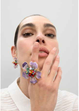 Anello Fiore Laccato con Perline Multicolori