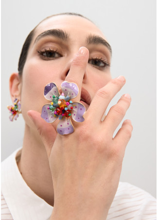 Bague Fleur Laquée avec Perles Multicolores