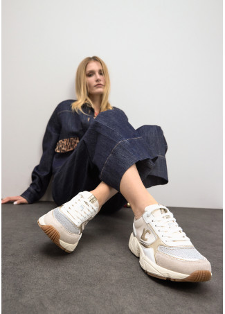 Running Sole Sneaker with Mixed Fabrics and Leather Details