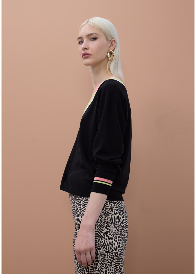 Pull à Col en V Contrasté avec Détail Tressé