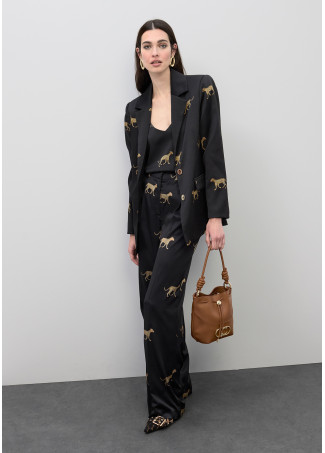 Satin Straight Blazer with Leopard Print