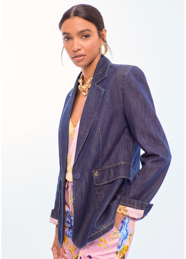 Fitted Denim Blazer with Patch Pockets