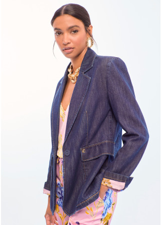 Veste en Denim Cintrée avec Poches Plaquées