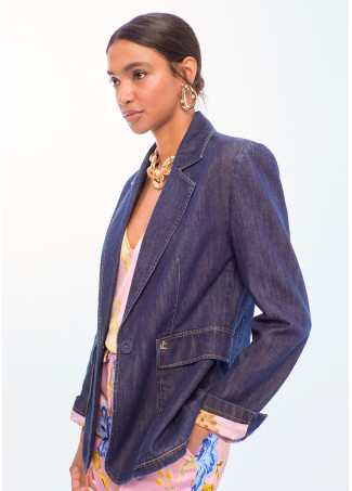 Fitted Denim Blazer with Patch Pockets
