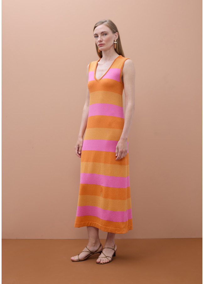 Vestido de tricô listrado bicolor com lurex