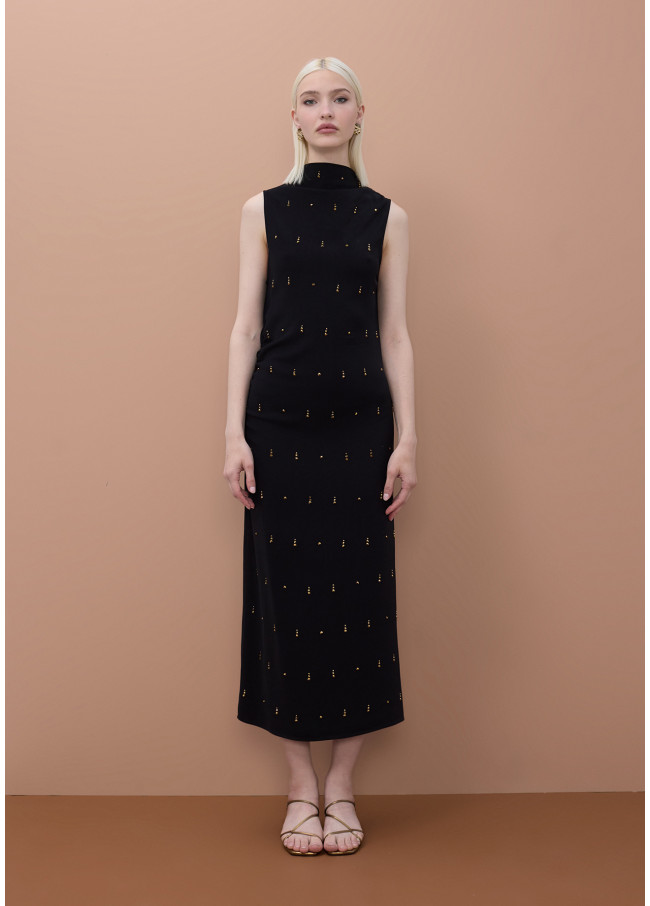Vestito Midi Senza Maniche con Dettagli di Pietre