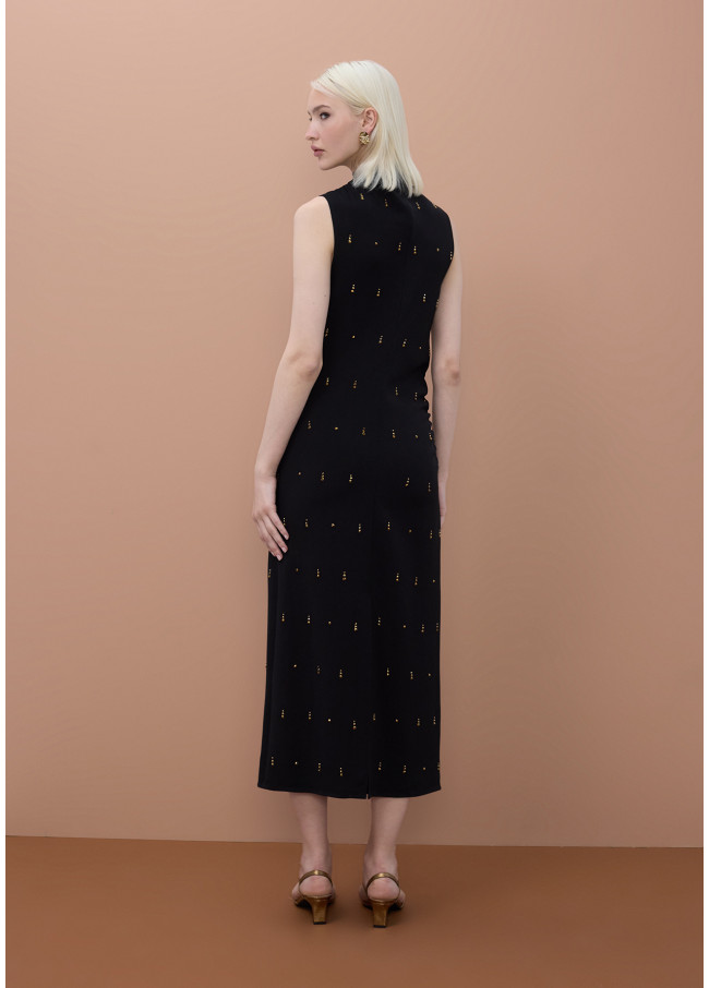 Vestito Midi Senza Maniche con Dettagli di Pietre