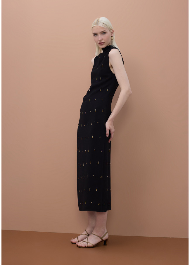 Robe Midi Sans Manches avec Détails en Pierres