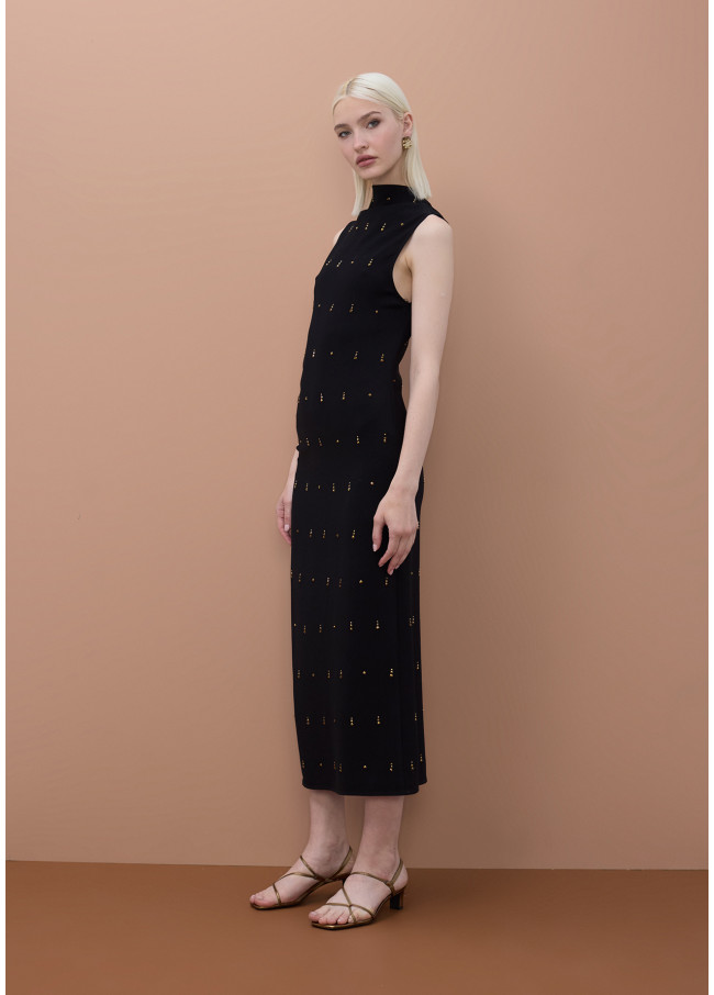 Sleeveless Midi Dress with Stone Detail