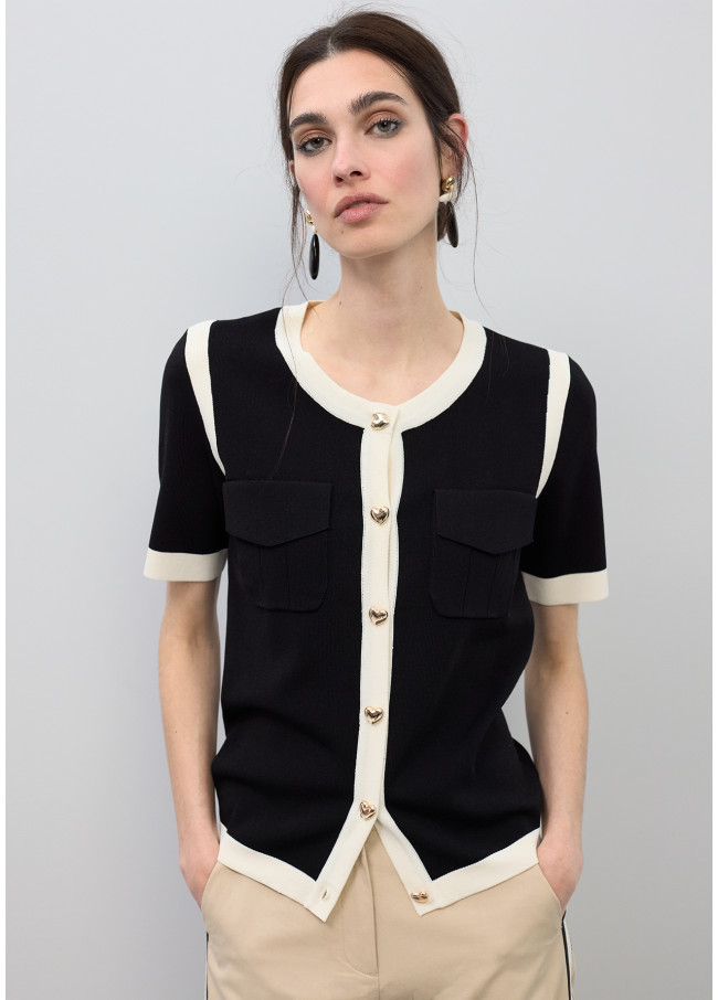 Short Sleeve Contrast Rib Cardigan