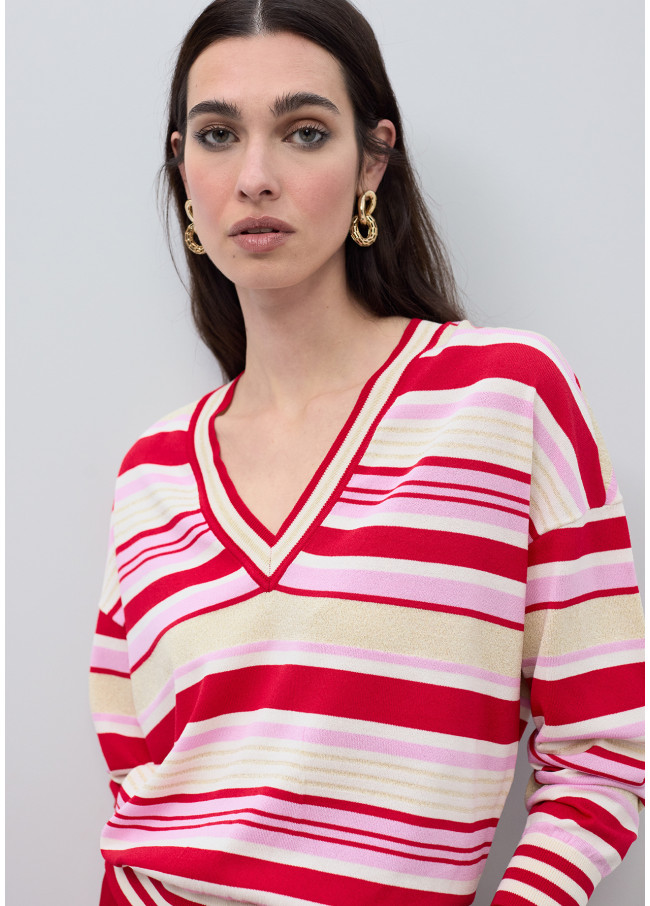 Maglione a righe tricolore con scollo a V